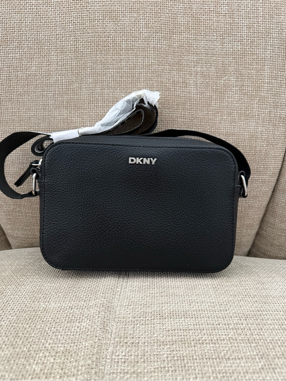 DKNY Black Pebbled Leather Crossbody Bag with Silver Logo